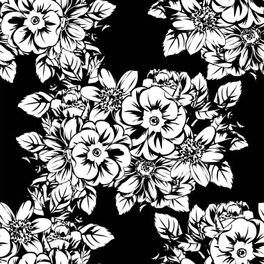 Siyah beyaz çiçekler pürüzsüz arkaplan, taç yaprakları, vektör illüstrasyonu