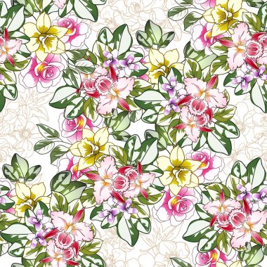 Renkli çiçekler pürüzsüz arkaplan, yapraklar, vektör illüstrasyonu