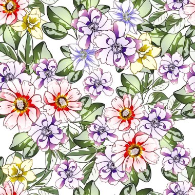 Renkli çiçekler pürüzsüz arkaplan, yapraklar, vektör illüstrasyonu