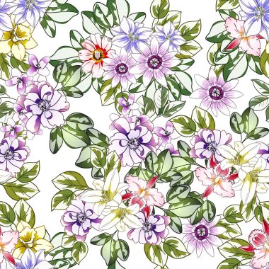 Renkli çiçekler pürüzsüz arkaplan, yapraklar, vektör illüstrasyonu