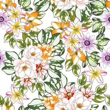 Renkli çiçekler pürüzsüz arkaplan, yapraklar, vektör illüstrasyonu