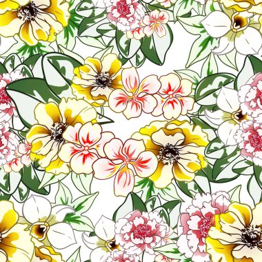 Renkli çiçekler pürüzsüz arkaplan, yapraklar, vektör illüstrasyonu