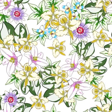 Renkli çiçekler pürüzsüz arkaplan, yapraklar, vektör illüstrasyonu