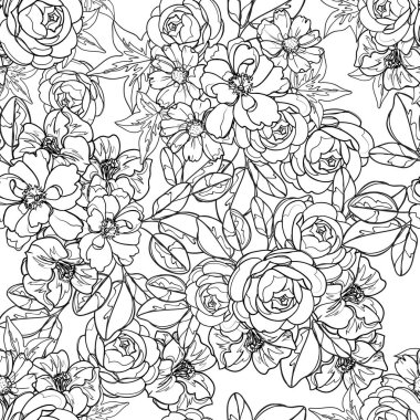 siyah beyaz çiçekler pürüzsüz arkaplan, vektör illüstrasyonu