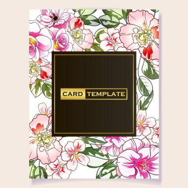 Tebrik kartı davetinde renkli çiçekler, vektör illüstrasyon arkaplanı, kopyalama alanı