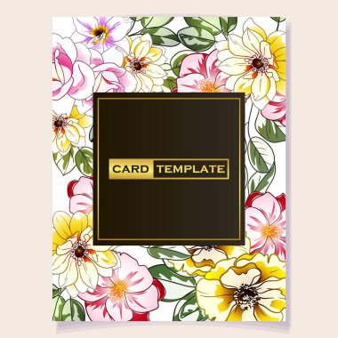 Tebrik kartı davetinde renkli çiçekler, vektör illüstrasyon arkaplanı, kopyalama alanı