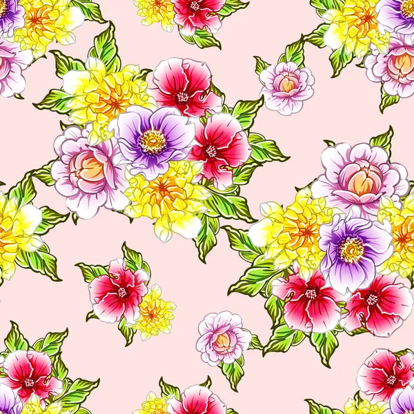 Renkli çiçekler pürüzsüz arkaplan, yapraklar, vektör illüstrasyonu