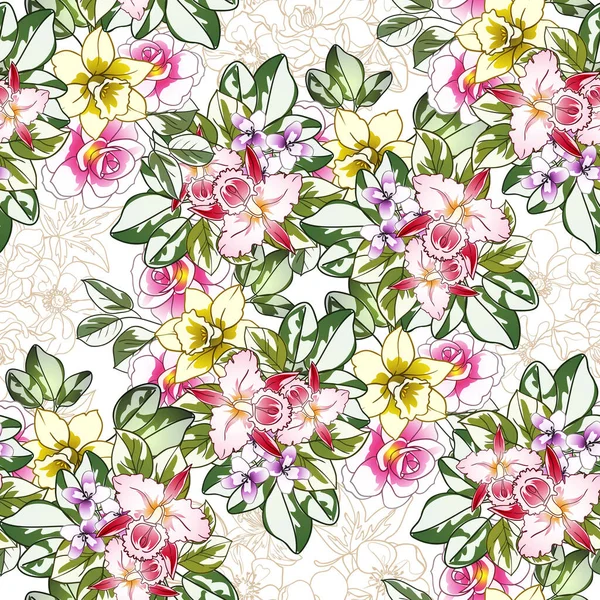 Renkli çiçekler pürüzsüz arkaplan, yapraklar, vektör illüstrasyonu