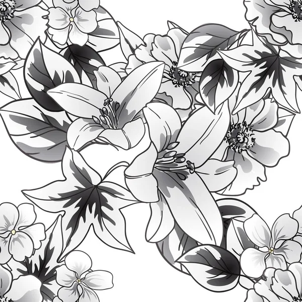 Zwart Witte Bloemen Naadloze Achtergrond Bloemblaadjes Vector Illustratie — Stockvector