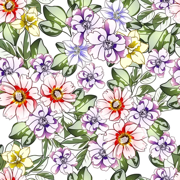 Renkli çiçekler pürüzsüz arkaplan, yapraklar, vektör illüstrasyonu