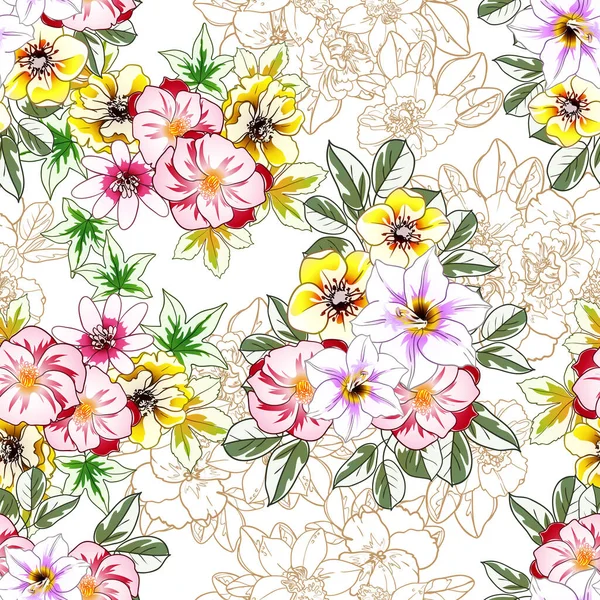 Fiori Colorati Sfondo Senza Soluzione Continuità Petali Illustrazione Vettoriale — Vettoriale Stock