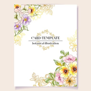 Kart davetinde renkli çiçekler, vektör illüstrasyonu 