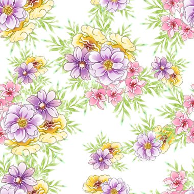 Renkli çiçekler pürüzsüz desen, taç yaprakları, vektör çizimi