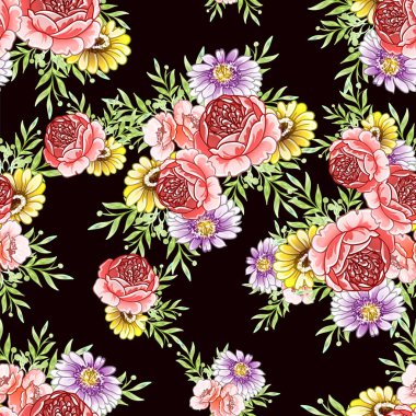 Renkli çiçekler pürüzsüz desen, taç yaprakları, vektör çizimi