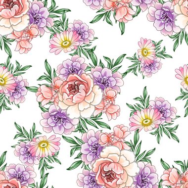 Renkli çiçekler pürüzsüz desen, taç yaprakları, vektör çizimi