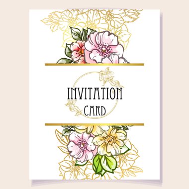 Kart davetinde renkli çiçekler, vektör illüstrasyonu 