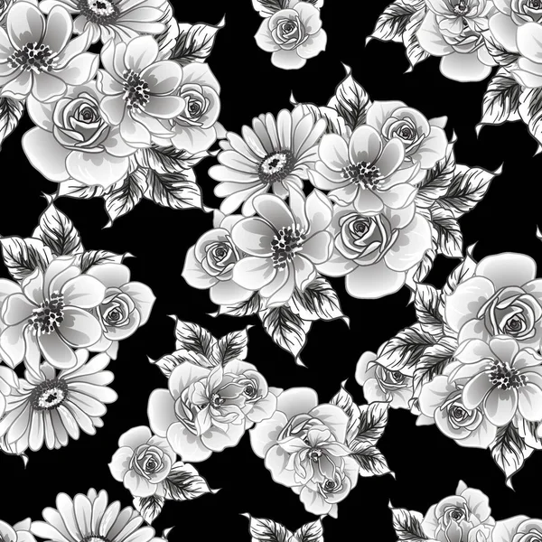 Czarny Biały Kwiaty Bezszwowe Tło Wektor Ilustracja — Wektor stockowy
