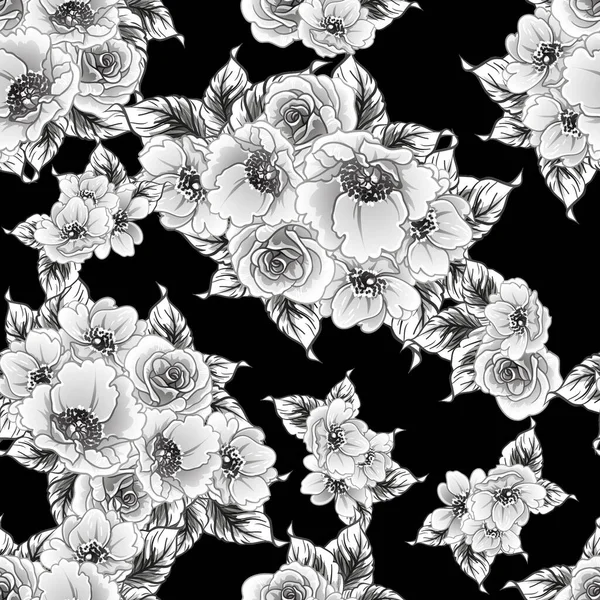 Negro Flores Blancas Fondo Sin Costura Vector Ilustración — Archivo Imágenes Vectoriales