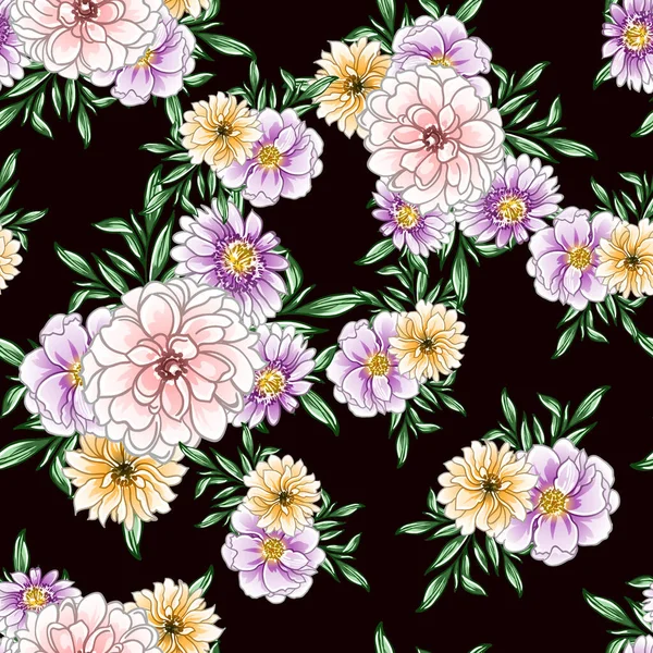 Renkli çiçekler pürüzsüz desen, taç yaprakları, vektör çizimi