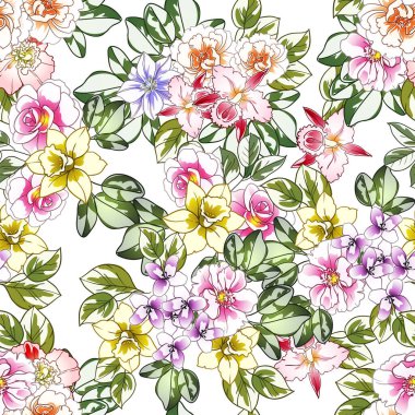 Renkli çiçekler pürüzsüz desen, taç yaprakları, vektör çizimi