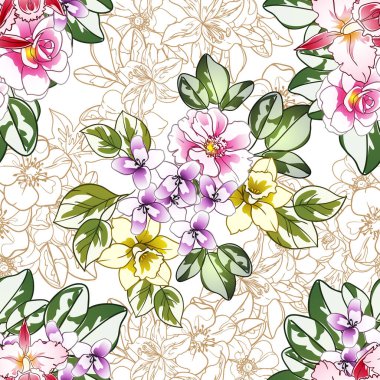 Renkli çiçekler pürüzsüz desen, taç yaprakları, vektör çizimi