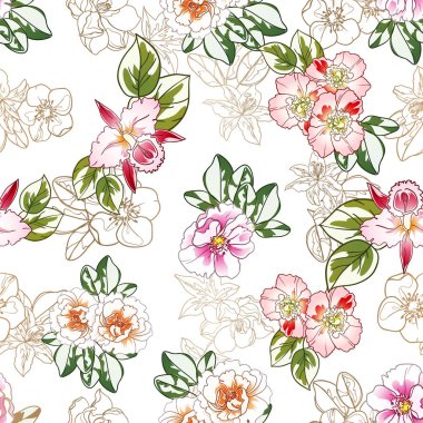 Renkli çiçekler pürüzsüz desen, taç yaprakları, vektör çizimi