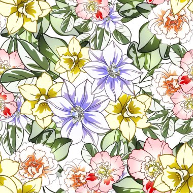 Renkli çiçekler pürüzsüz desen, taç yaprakları, vektör çizimi