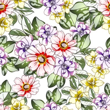 Renkli çiçekler pürüzsüz desen, taç yaprakları, vektör çizimi