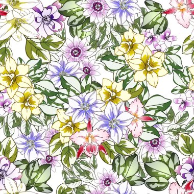 Renkli çiçekler pürüzsüz desen, taç yaprakları, vektör çizimi