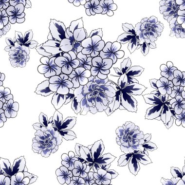 Kusursuz mavi monokrom klasik çiçek deseni