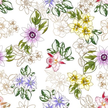 Renkli çiçekler pürüzsüz desen, taç yaprakları, vektör çizimi