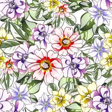 Renkli çiçekler pürüzsüz desen, taç yaprakları, vektör çizimi