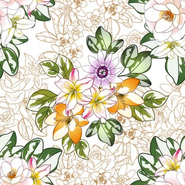 Renkli çiçekler pürüzsüz desen, taç yaprakları, vektör çizimi