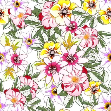 Renkli çiçekler pürüzsüz desen, taç yaprakları, vektör çizimi