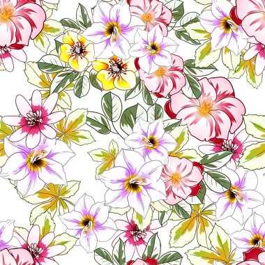 Renkli çiçekler pürüzsüz desen, taç yaprakları, vektör çizimi