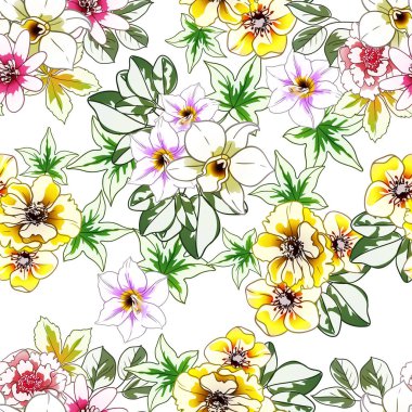 Renkli çiçekler pürüzsüz desen, taç yaprakları, vektör çizimi