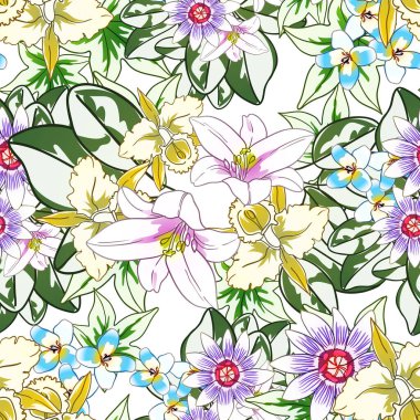Renkli çiçekler pürüzsüz desen, taç yaprakları, vektör çizimi