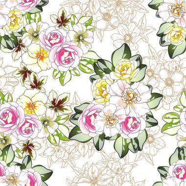 Renkli çiçekler pürüzsüz desen, taç yaprakları, vektör çizimi