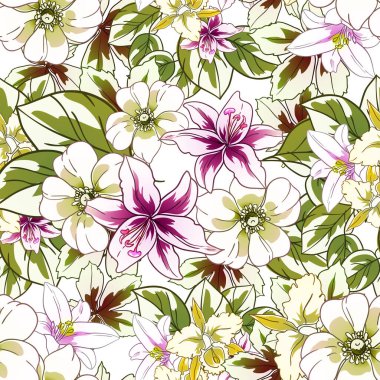 Renkli çiçekler pürüzsüz desen, taç yaprakları, vektör çizimi