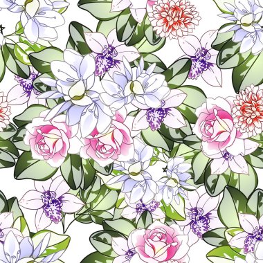 Renkli çiçekler pürüzsüz desen, taç yaprakları, vektör çizimi