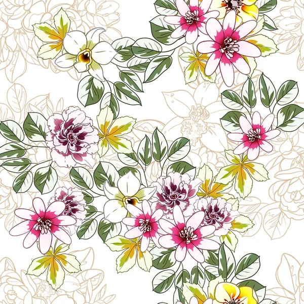Flores Colores Patrón Sin Costura Pétalos Vector Ilustración — Archivo Imágenes Vectoriales