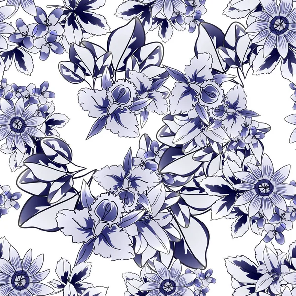 Patrón Flores Estilo Vintage Monocromo Azul Sin Costuras — Vector de stock