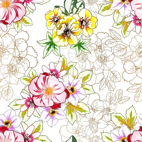 Fiori Colorati Modello Senza Soluzione Continuità Petali Illustrazione Vettoriale — Vettoriale Stock