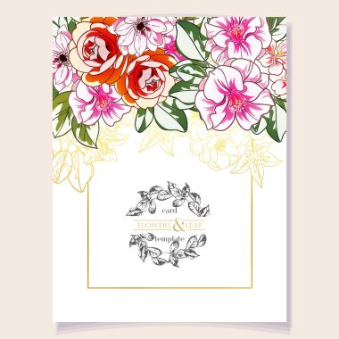 Parlak çiçeklerle süslenmiş kart şablonu, vektör illüstrasyon pankartı