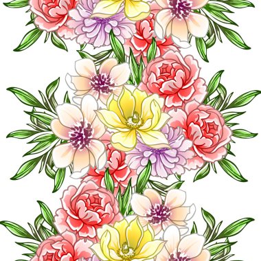 Renkli çiçekler pürüzsüz desen, taç yaprakları, vektör çizimi