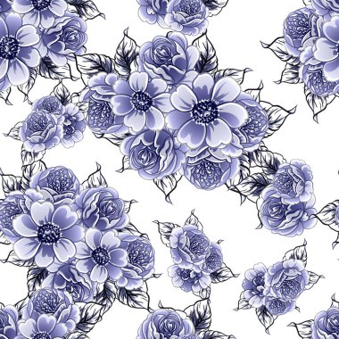 Kusursuz mavi monokrom klasik çiçek deseni
