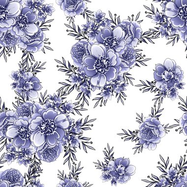 Kusursuz mavi monokrom klasik çiçek deseni