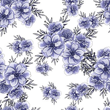 Kusursuz mavi monokrom klasik çiçek deseni