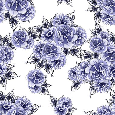 Kusursuz mavi monokrom klasik çiçek deseni