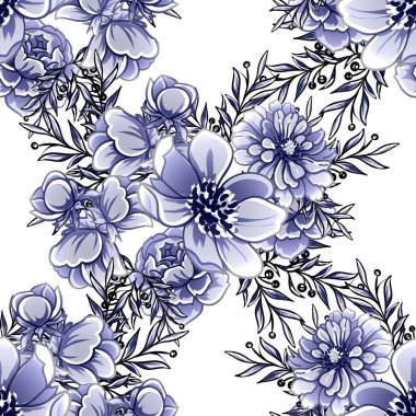 Kusursuz mavi monokrom klasik çiçek deseni